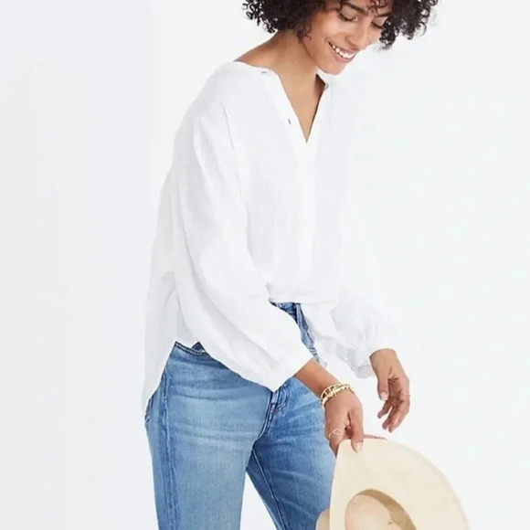 Madewell White Metallic Shimmer Stripe Peasant Top Size M - Picture 1 of 10